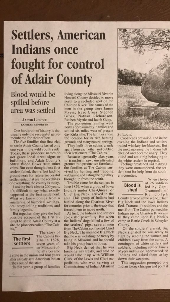 Newspaper, Settlers, American Indians once fought for control of Adair County, part 1