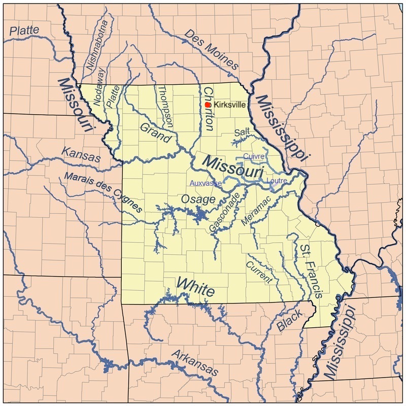 Map of Missouri with a dot where Kirksville, Mo is located