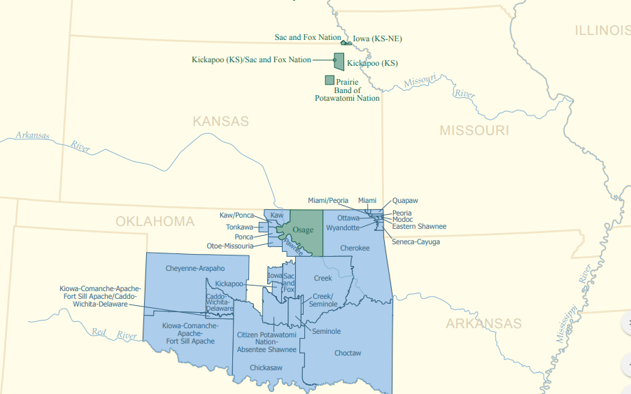 Map showing Ioway tribe locations in Kansas/Nebraska and Oklahoma